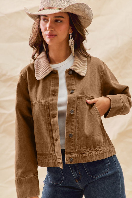 Chestnut Denim Jacket with Corduroy Collar